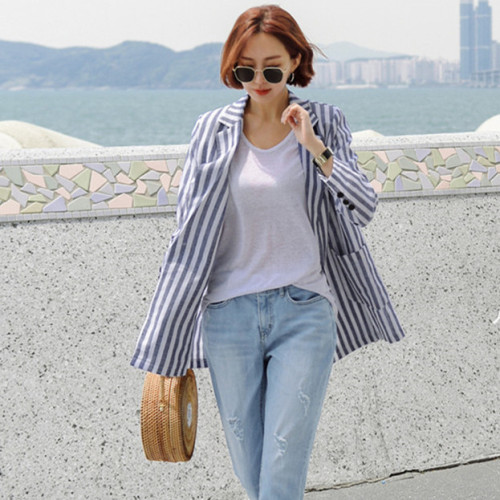 Slim stripe one button suit jacket women's 2021 new Korean Literature & Art Cotton & Hemp retro casual Blazer