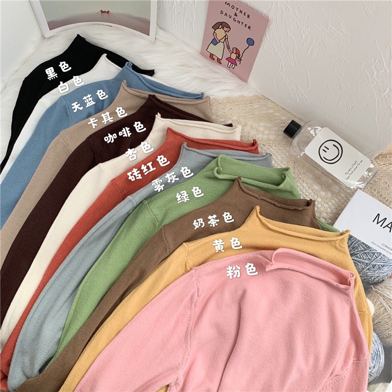 Fall 2020 new thin half high collar versatile slim fitting long sleeve knitted T-shirt for women with underlay top