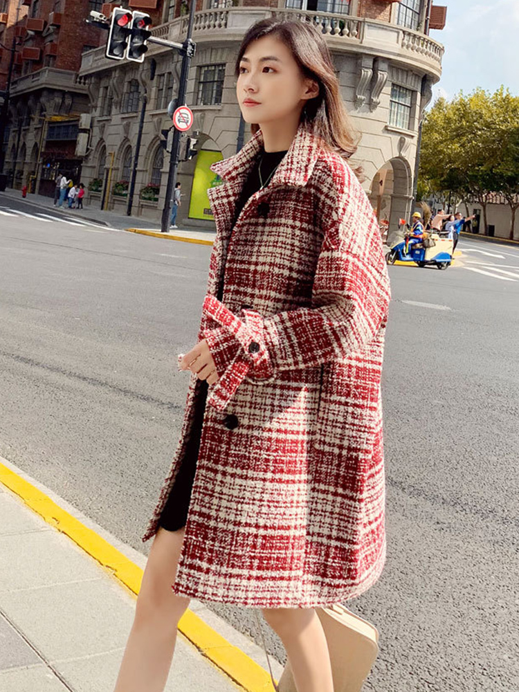 Woolen coat women's 2021 new autumn and winter medium long loose small fragrance plus cotton plaid tweed coat