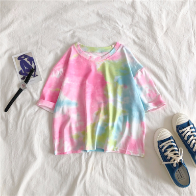 Korean loose tie dye short short sleeve T-shirt girl student yuansufeng T-shirt