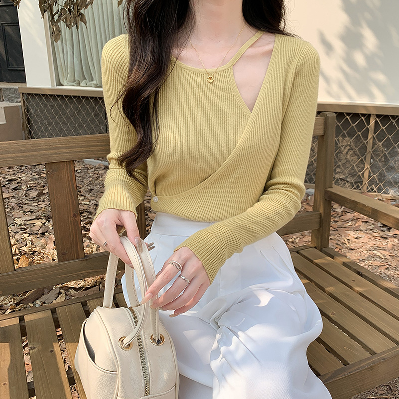 Real shot knitted sweater long-sleeved T-shirt ladies thin short spring early autumn top sweater bottoming small cardigan inside