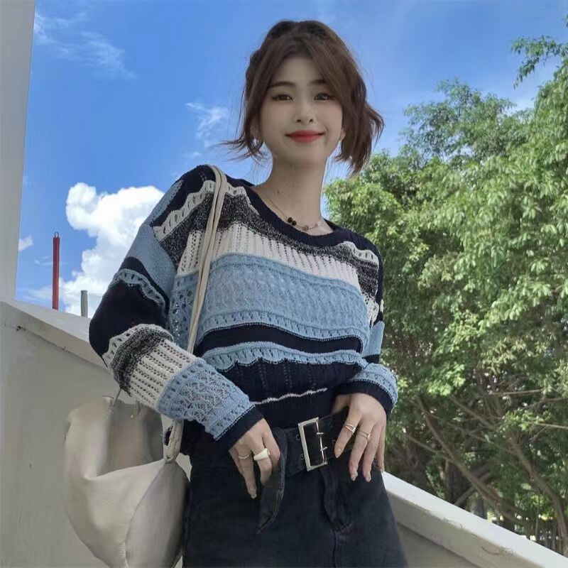 Korean version of the blue hollow striped sweater women's spring and autumn lazy retro knitted sweater slim fit slim top