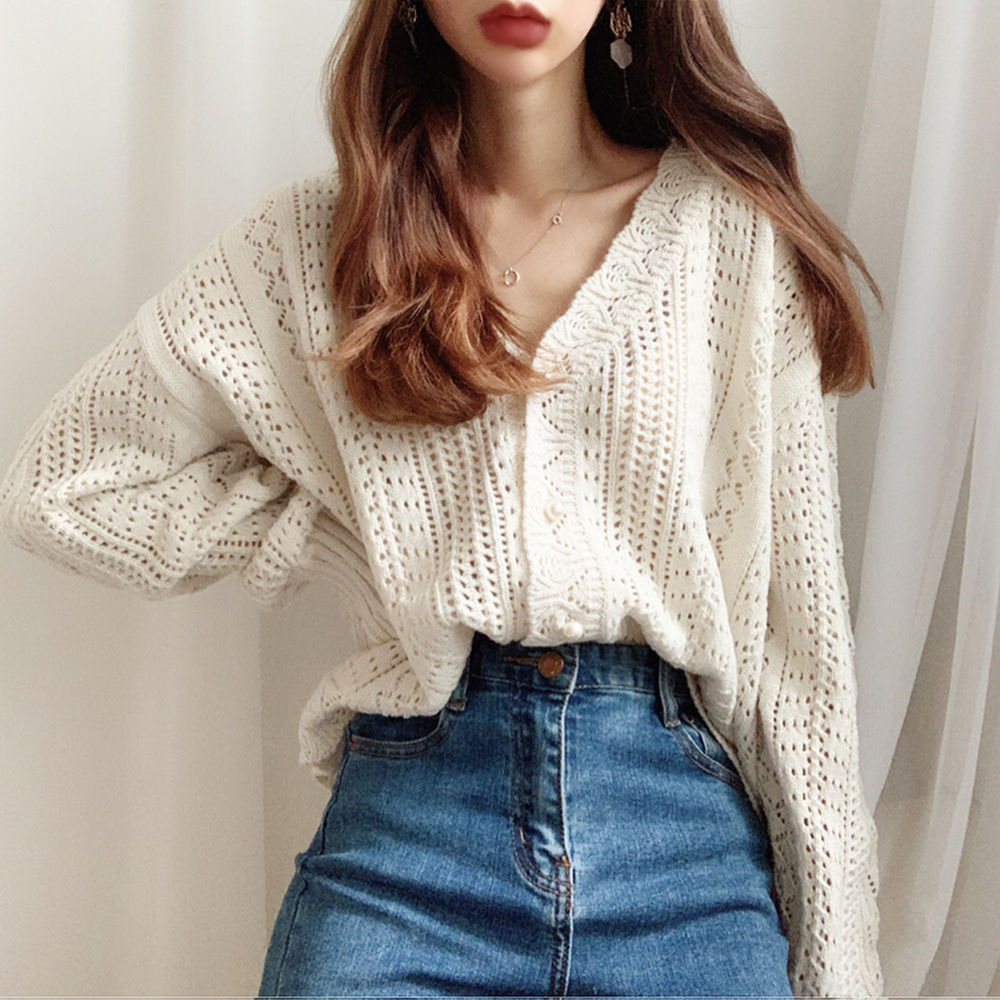 Hollow out sweater women's spring and autumn loose thin wear lazy wind very fairy long sleeve knitted collar coat