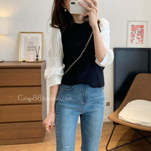 Foreign style layering autumn new style antique fake two piece Lantern Sleeve soft T-shirt sweater splicing Long Sleeve Shirt