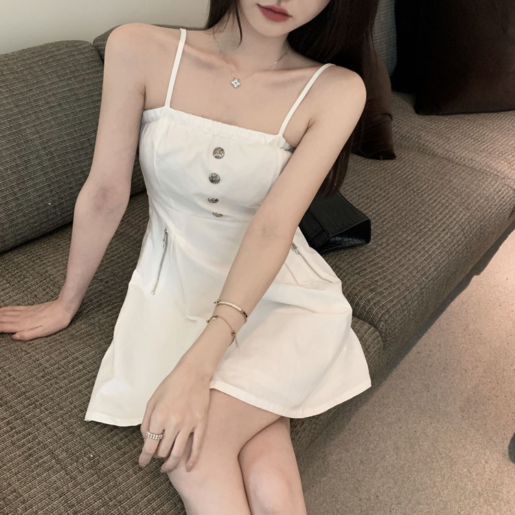 Real price summer new girl pure white dress single breasted waist shows thin pleated suspender skirt