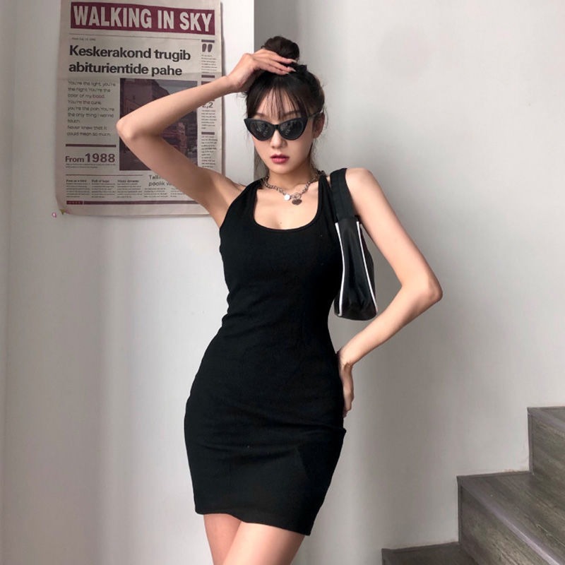 Design sense hanging neck cross backless dress women's Black Slim Slim ins minority suspender skirt summer tide