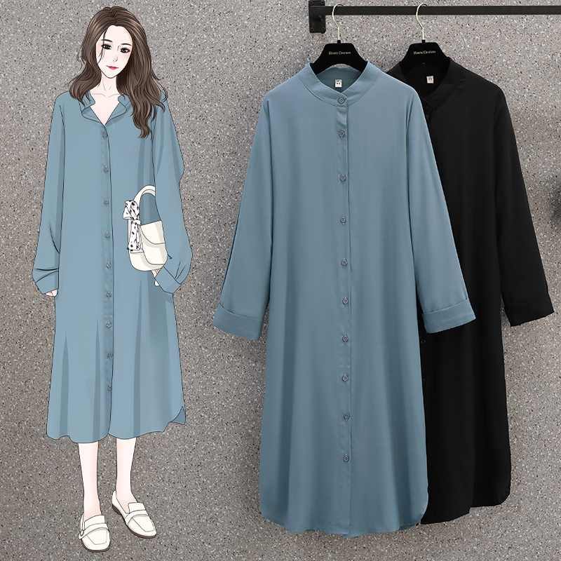 Real shooting autumn dress large size women's long sleeved fat shirt loose long fork girlfriends shirt