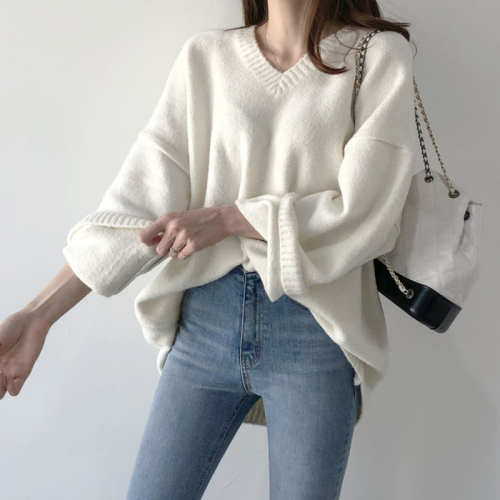 V-neck Pullover solid color loose T-shirt for women to wear thin Korean versatile lazy sweater with split coat