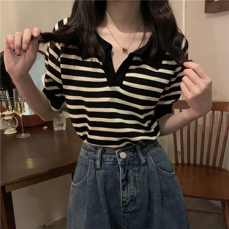 Short sleeved T-shirt women's design sense of minority summer 2022 new chic chic Hong Kong polo collar STRIPE TOP ins