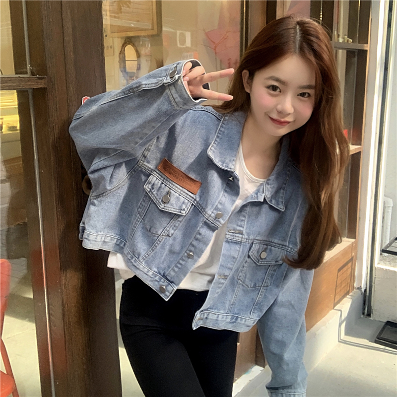 Real shot - autumn new long-sleeved denim short loose large size women's fat mm Korean jacket S-5XL200 catties
