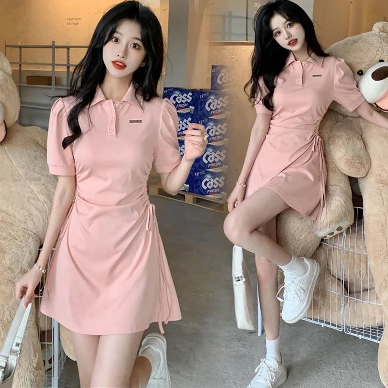 Polo collar dress women's summer 2023 new drawstring waist slimming slim sweet spicy pure desire wind short-sleeved skirt