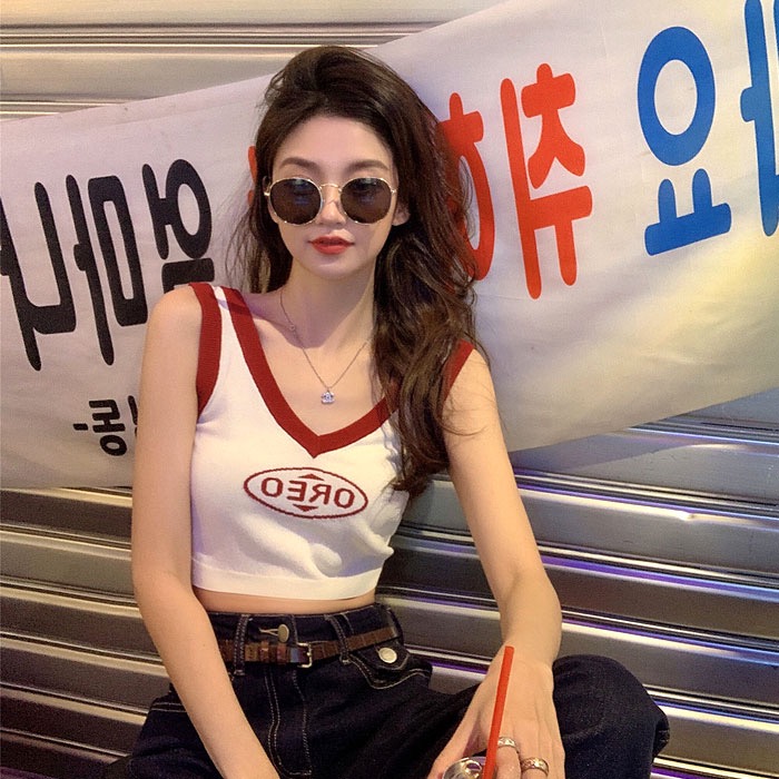 Real price spring new Korean color contrast letter knitted vest slim neck Spice Girl sling