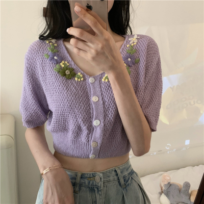 High waisted knitted short sleeve cardigan thin summer 2020 new V-neck short top open navel net red T-shirt women ins