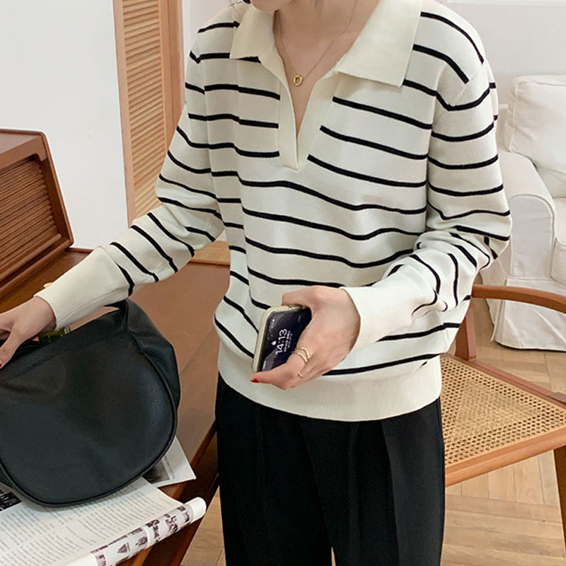 Black and white stripe collar Korean long sleeve T-shirt women's autumn retro loose women's autumn winter long sleeve top