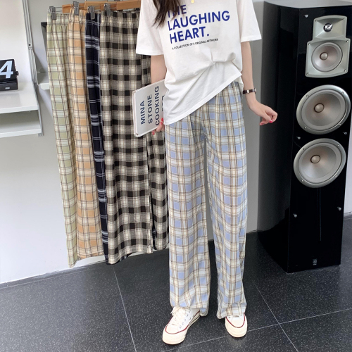 Real shooting loose straight pants children's spring and autumn 2021 new checked pants hanging feeling high waist floor dragging wide leg pants casual pants