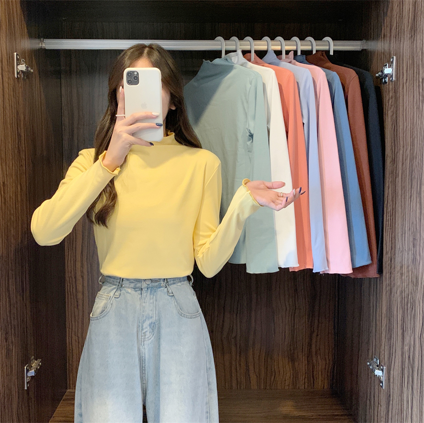Real shot Double-sided German velvet warm autumn and winter semi-high collar solid color fungus edge new bottoming shirt top women