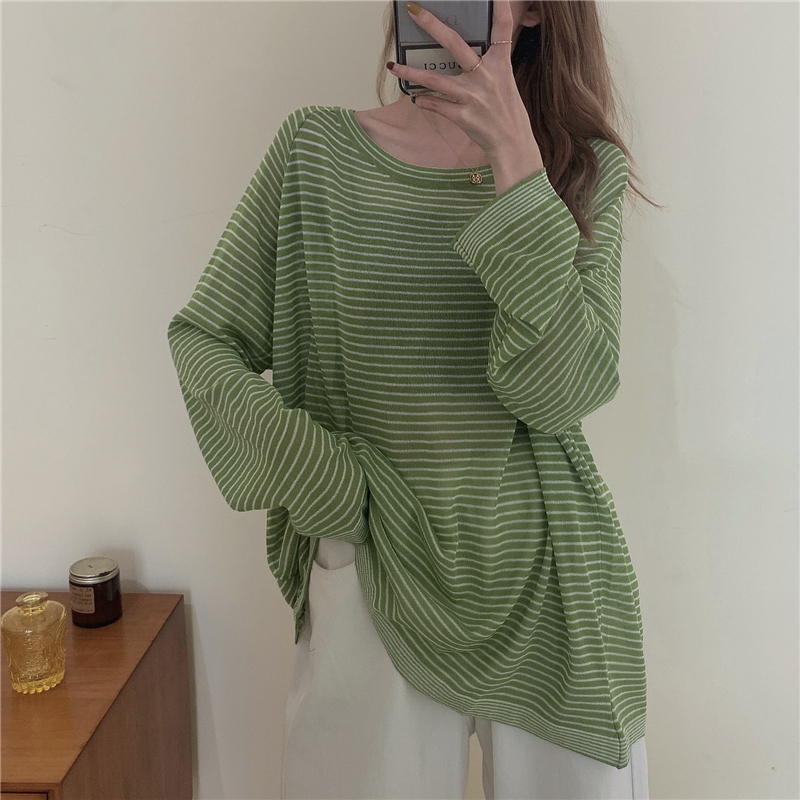 Real price thin stripe long sleeve knitted T-shirt women's summer loose sunscreen Shirt Top