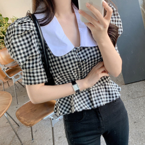 East Gate Baby collar Plaid short sleeve shirt for women 2020 summer wear new Korean version retro all over shirt top