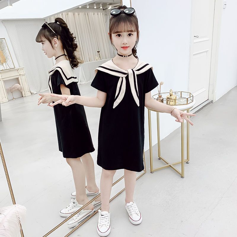 Girls' short-sleeved t-shirt skirt summer 2023 new foreign style navy style college dress children's slim casual skirt