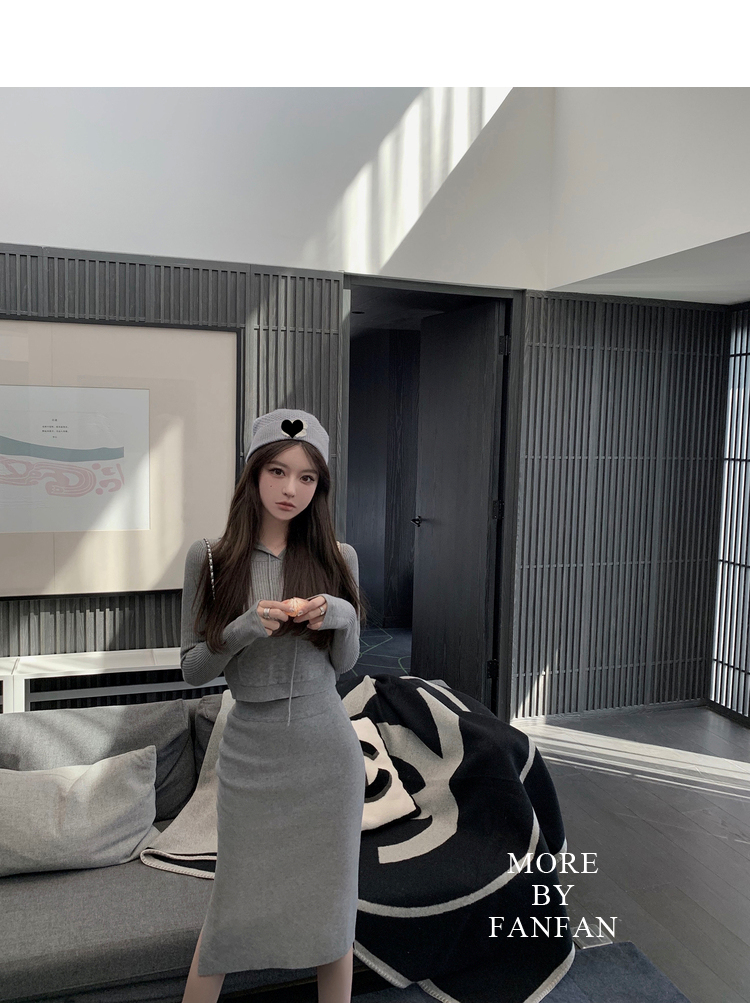 Autumn and winter New Retro harbor style imitation mink sweater cardigan two-piece set loose Navy collar sling short set women