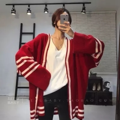 Spring and winter 2020 Korean fashion loose casual stripe color matching sweater coat
