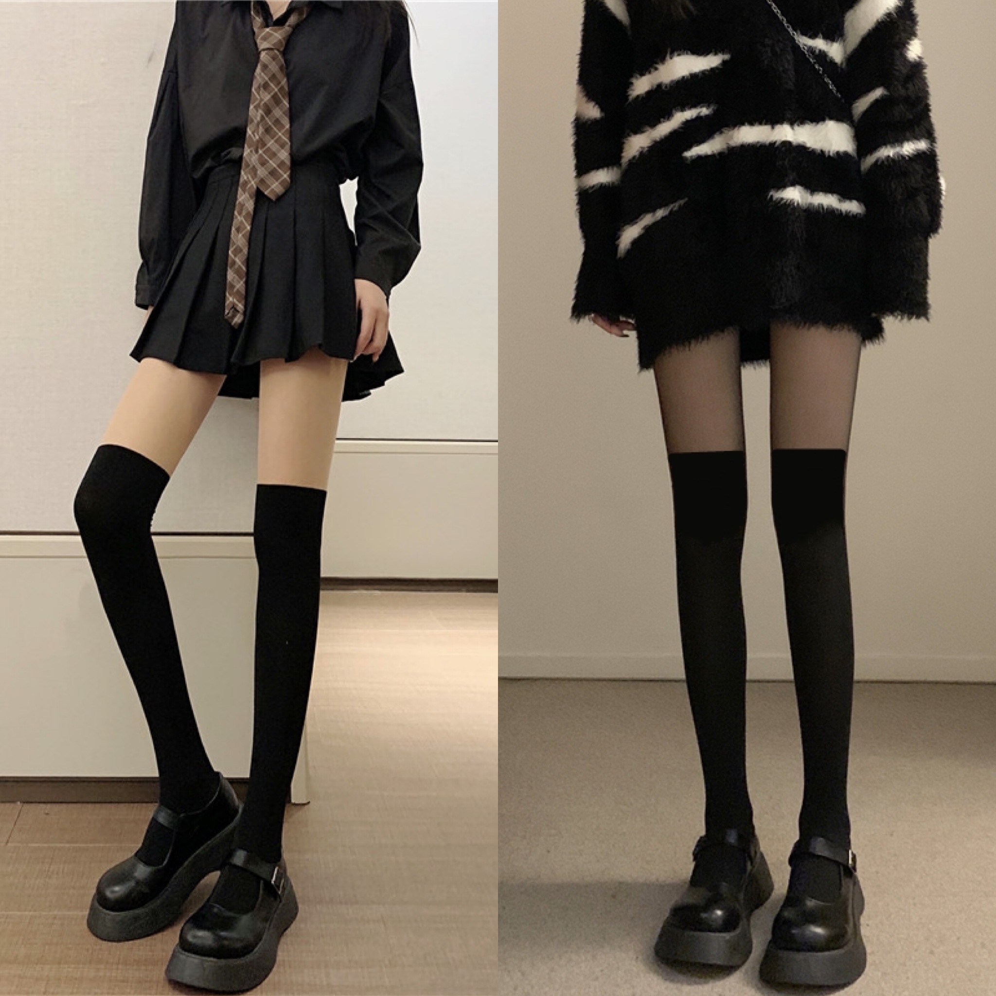 Real shooting real price winter plus velvet black silk stitching calf socks JK style sexy fake transparent meat double-layer bottoming pantyhose