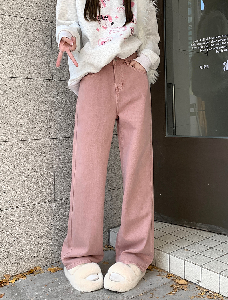 2022 autumn new style pink jeans women's high waist and thin straight loose wide leg mopping pants