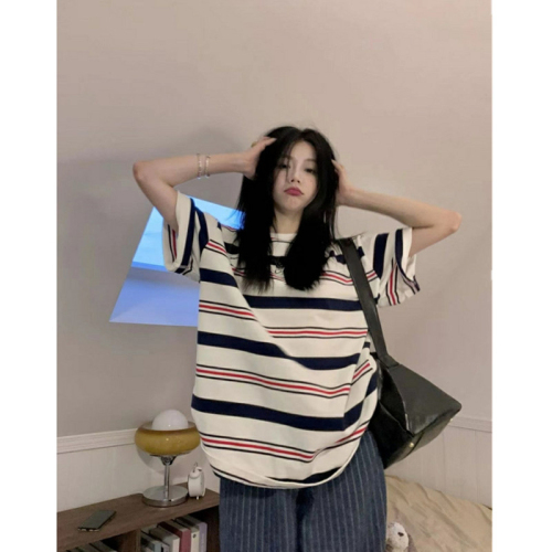 Contrasting color striped short-sleeved t-shirt women's ins tide summer loose bf lazy style T-shirt casual half-sleeved top