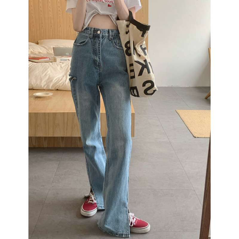 Straight high waisted slim pants summer new versatile design sense split jeans floor pants women