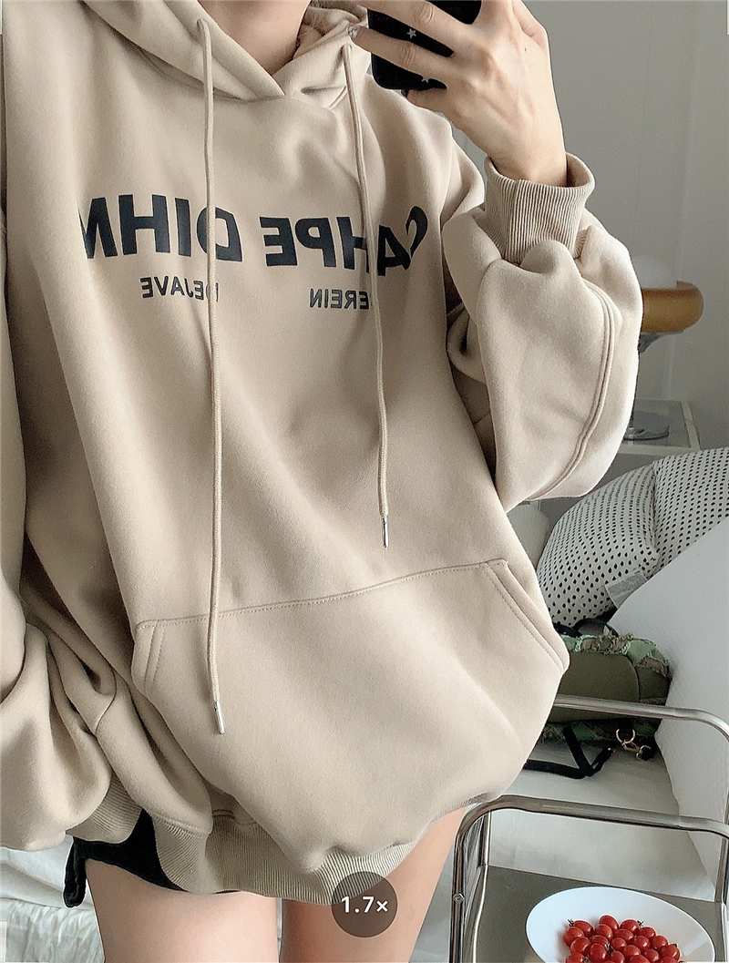 Lazy wind sweater women's ins trendy mid-length plus velvet thickened hooded jacket autumn and winter loose casual long-sleeved top