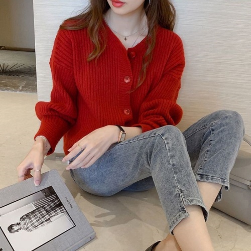 Spring and autumn 2020 new Korean Slouchy style single breasted crew neck versatile short Knitted Top Cardigan Jacket Women