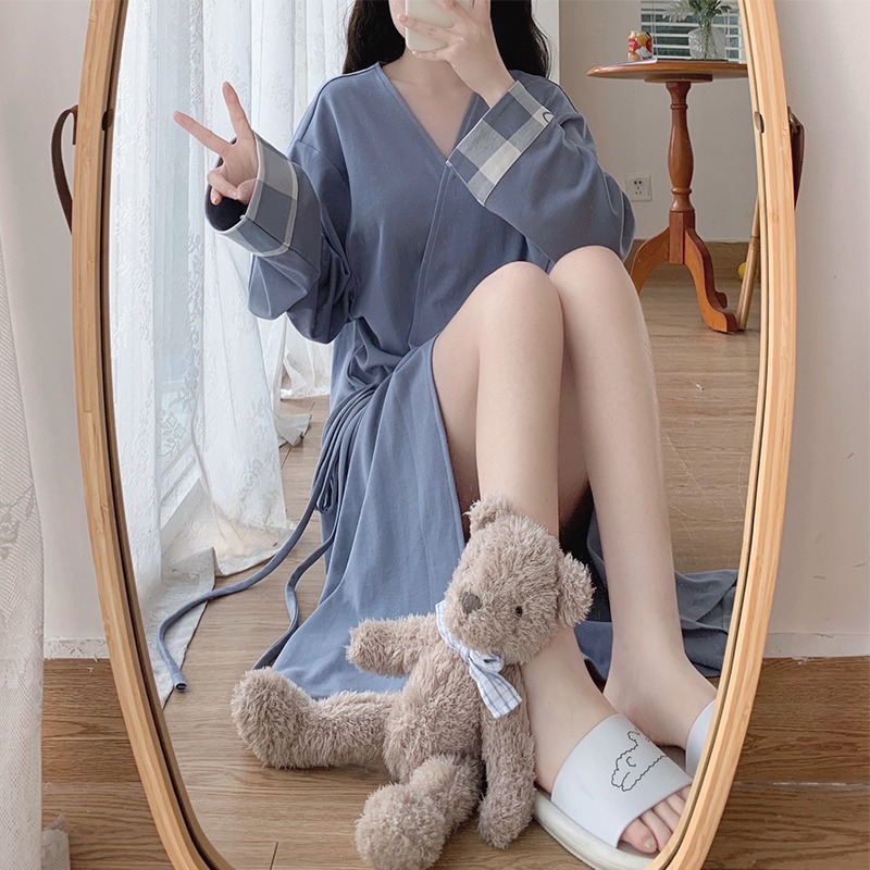 Real shooting kimono Nightgown spring and autumn Summer Cotton Long Sleeve 2022 new Japanese home service bathrobe