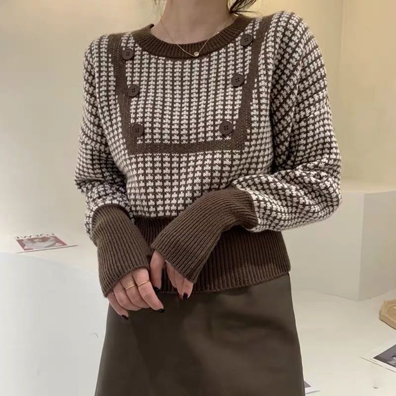 European station autumn new 2022 women's French retro color matching round neck thousand bird lattice Lantern Sleeve Wool Knitted Top