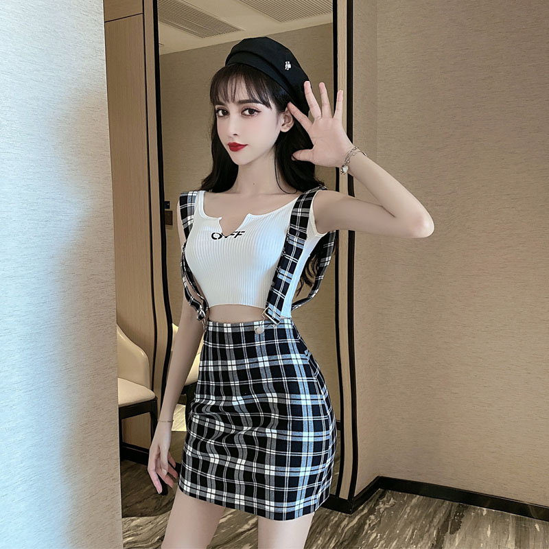 Real shooting Hong Kong style two piece set summer new elastic sexy suspender vest lattice strap SKIRT AGE reducing suit