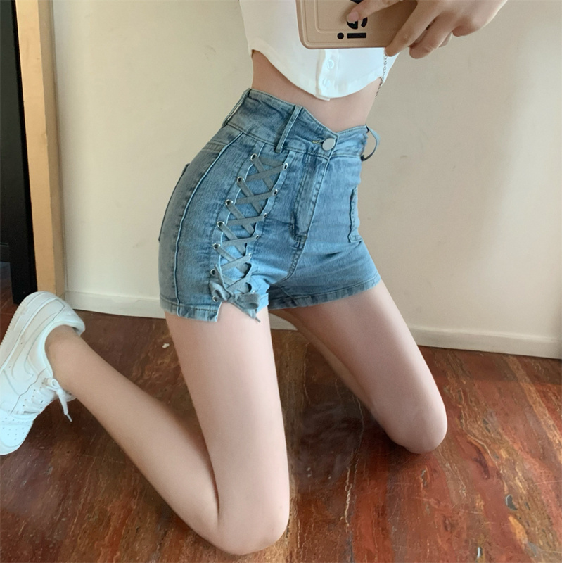 Real auction real price 2022 summer new drawstring tie slim high waist denim shorts for women
