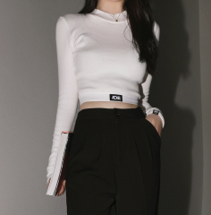 Real shot: Europe and America open navel top women's short long sleeve T-shirt in autumn and winter 2020