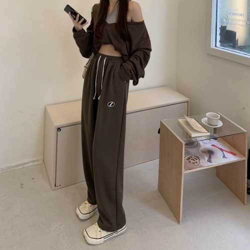 Real shooting of the new Korean version of summer high waist leisure straight tube sports loose large s-4xl floor dragging wide leg pants for women