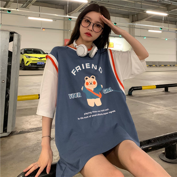 6535 Cotton Internet Celebrity Fake Two Piece Cartoon Print Women's Summer Clothes 2023 Student Long Sleeve Fat MM Loose