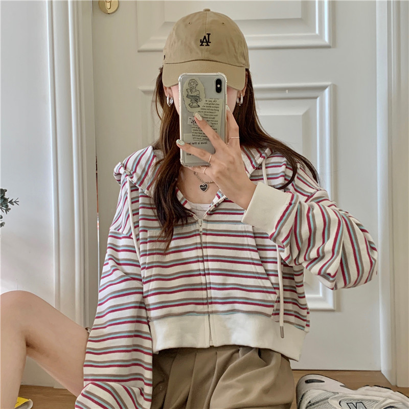 Big fish scales 260g 100% polyester thin sweater women's hooded cardigan stripes back bag double-layer cap