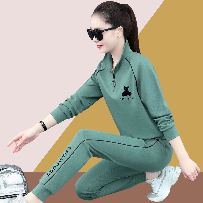 Sports and leisure suit women's spring and autumn new loose large stand collar sweater two pieces of running clothes