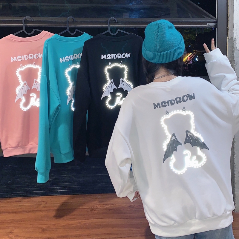 Real shooting cloth cotton thin sweater women's foam printing reflective effect luminous long sleeve top