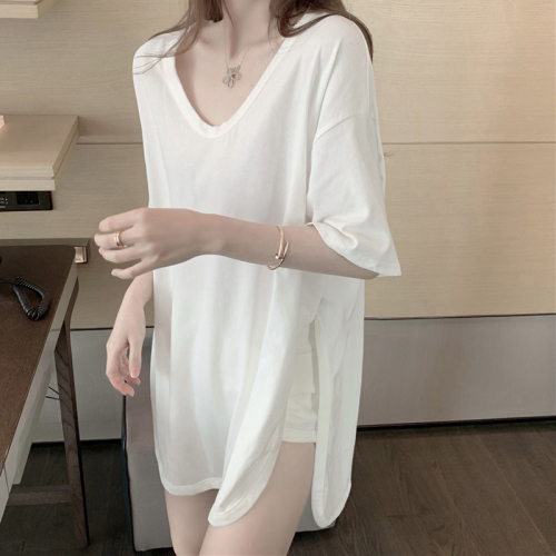 Real shot 100 cotton summer new pure color loose large collar buckle design sense of minority split U-neck Short Sleeve T