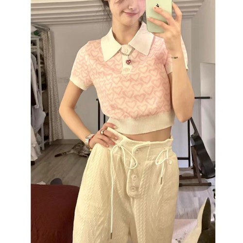 French pink sweet Polo neck sweater women's new summer slim fit short chic western style top