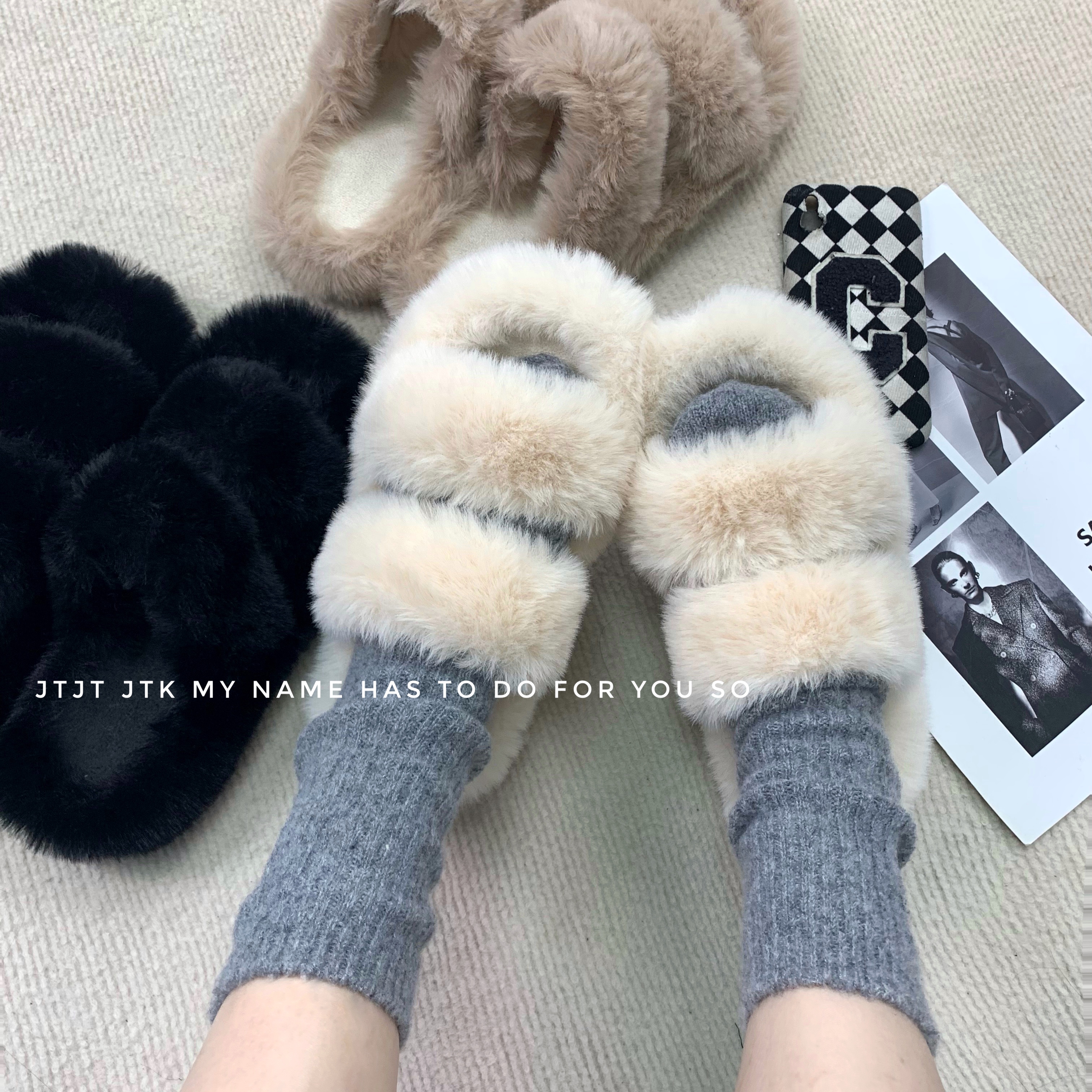 Real shooting real price Winter wool slippers ins tide thick bottom non-slip can wear all-match warm slippers