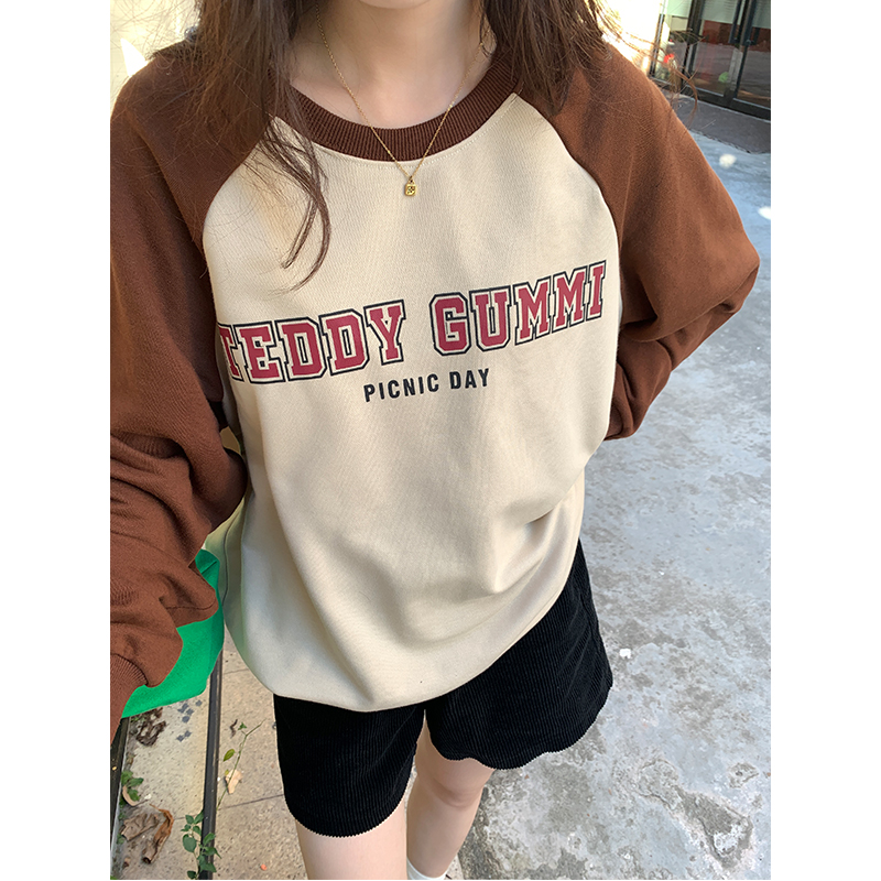 Real shot letter printing college style contrast color raglan sleeves early autumn sweater 2022 round neck loose all-match top