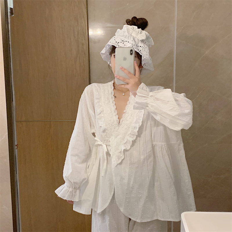 Actual shot ~ Korean style fashionable palace wind lace edge loose tie belt pajama set home clothes with hair tie