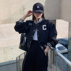 . Original fabric loose c letter short Baseball Jacket Women's casual sweater cardigan jacket