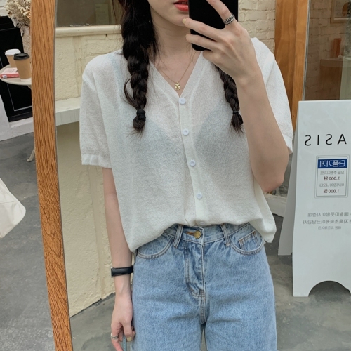 Real photo, real price, spring and summer, new Korean style solid color collar, short sleeve, loose cardigan, short knitting base coat