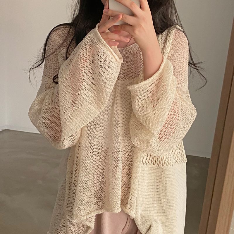 Korean chic summer French retro lazy style loose long-sleeved hollow thin section knitted sunscreen blouse top women