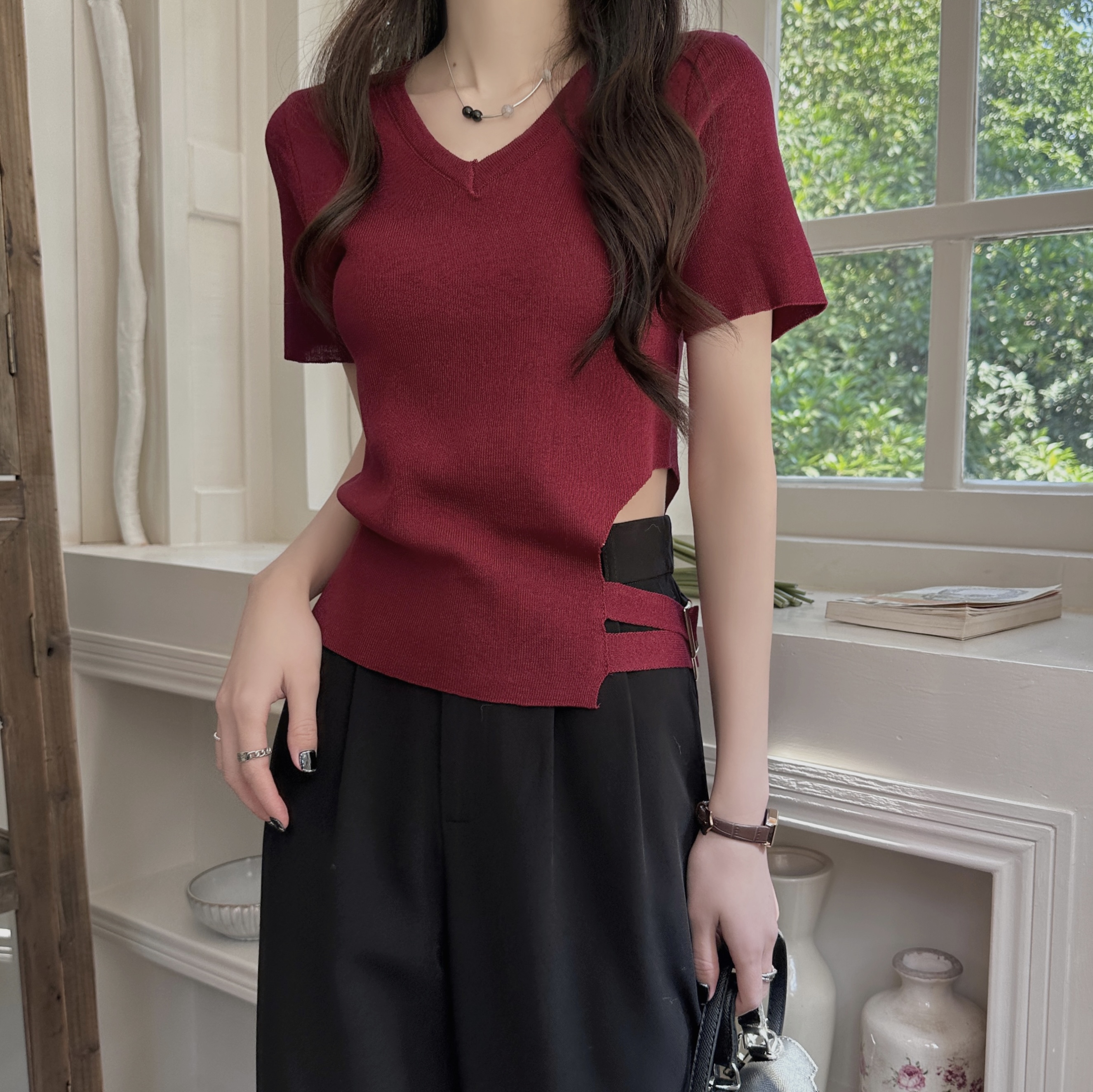 Real price real price Korean v-neck solid color short-sleeved short-sleeved slim bottoming shirt all-match tops for women